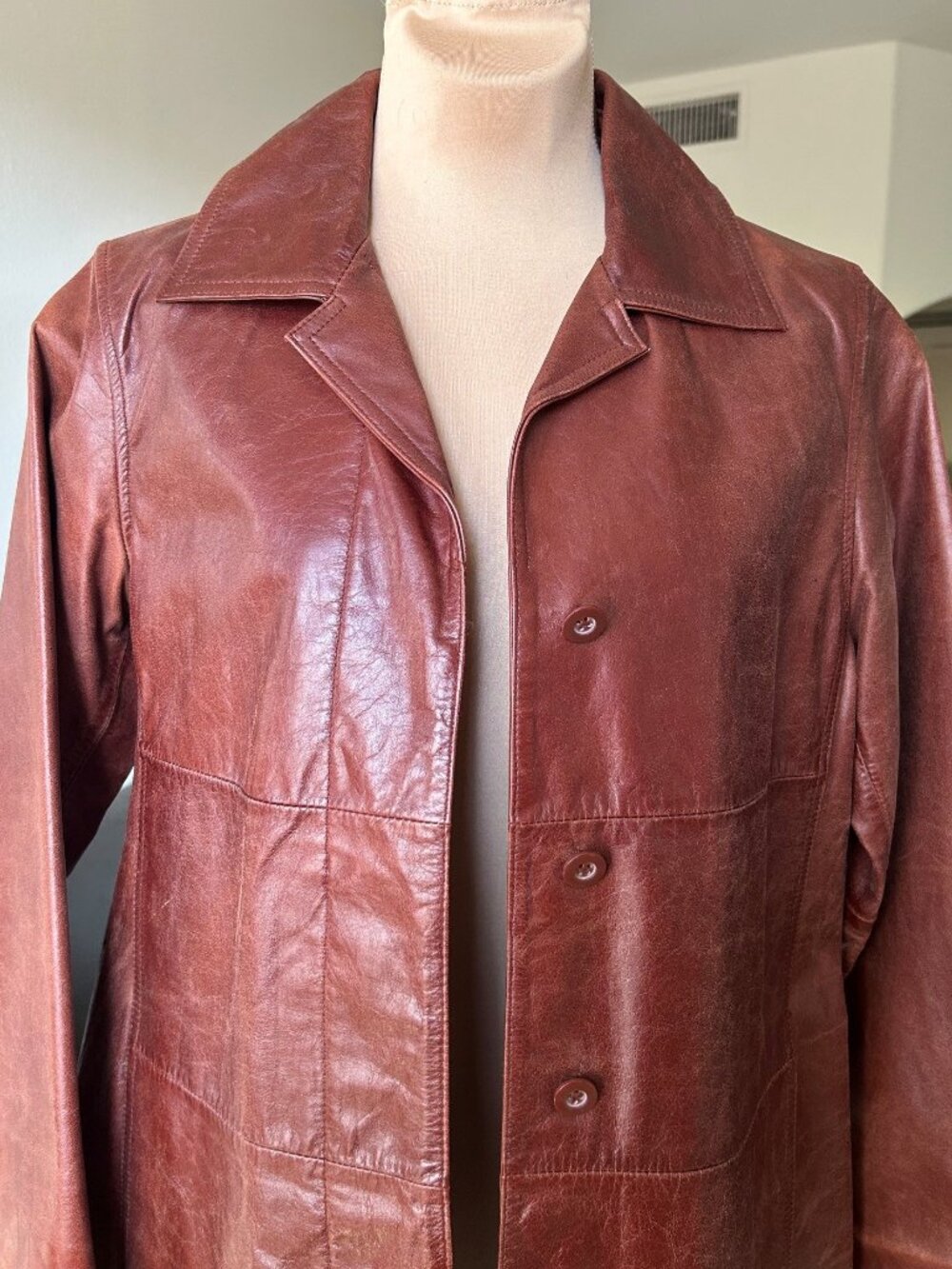 EXPRESS Coated Leather Mid-length Coat Rust Brown Size 3/4 EUC - Picture 3 of 9
